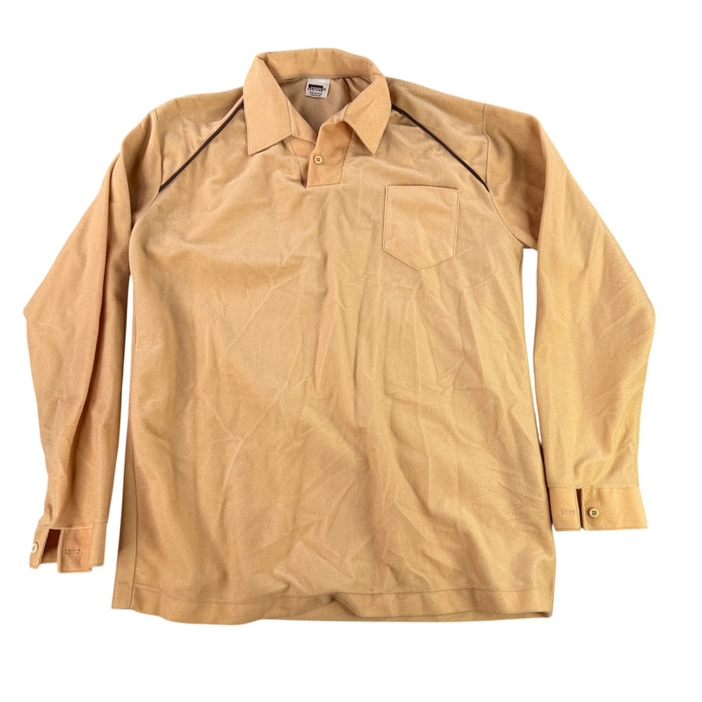 Montgomery Ward Polo Shirt Men‎ XL Tan True Vintage 70s Long Sleeve Piping